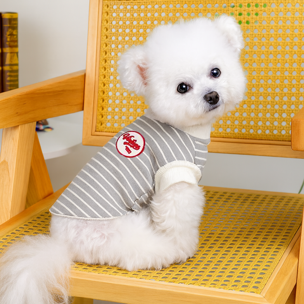 Çizgili Gri Köpek Tişörtü – Küçük Irklar İçin Yumuşak ve Rahat Günlük Kıyafet