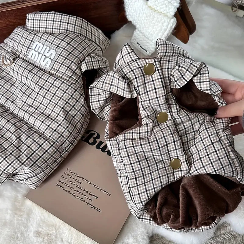 Klasik Ekose Desenli, Yumuşacık Peluş Astarlı Çıtçıt Kapamalı Köpek Montu