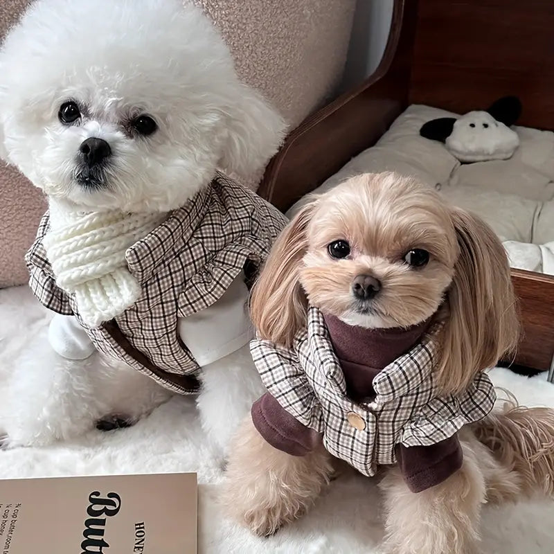 Klasik Ekose Desenli, Yumuşacık Peluş Astarlı Çıtçıt Kapamalı Köpek Montu