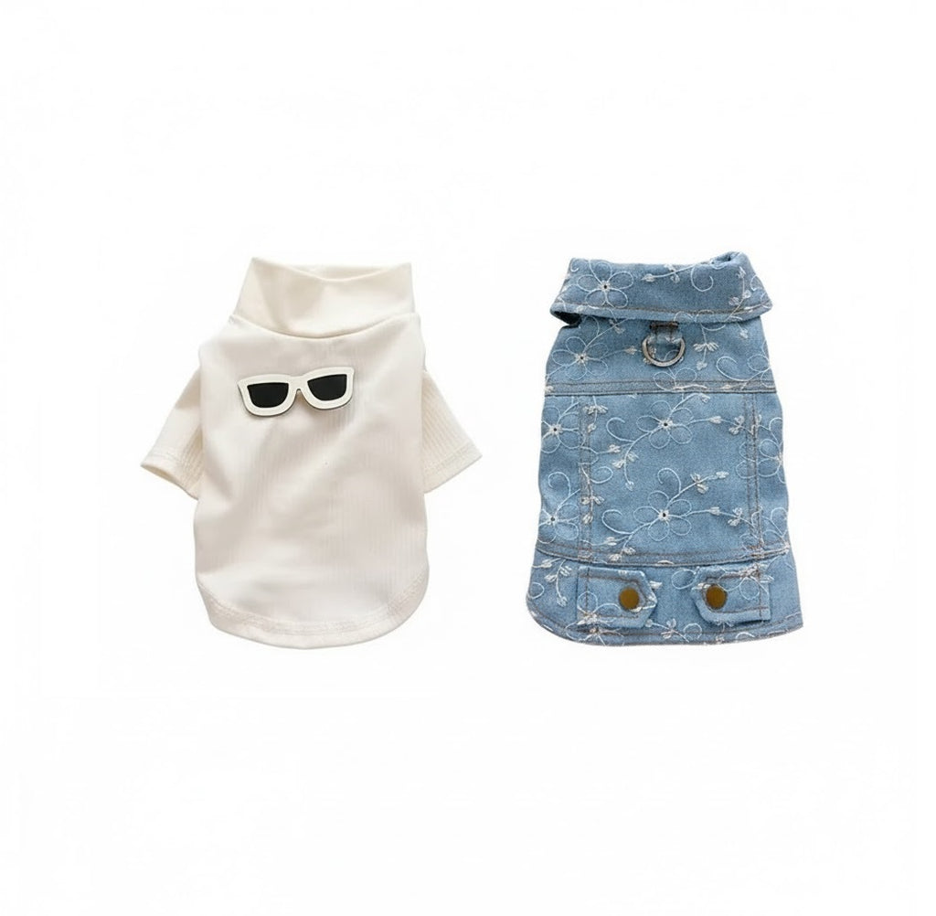 3 Parça Köpekler için Çiçek Nakışlı Kot Ceket, Beyaz Yüksek Yaka T-Shirt ve Gözlük